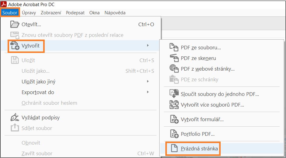 Vytvoření prázdné stránky PDF z nabídky souboru