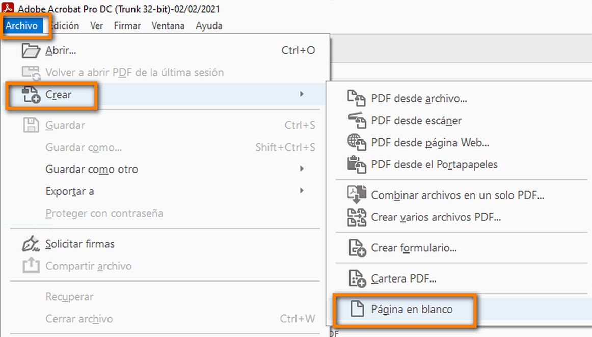 Crear un PDF con las páginas en blanco desde el menú Archivo