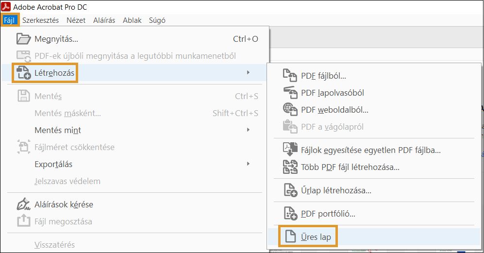 Üres oldalas PDF létrehozása a Fájl menüből