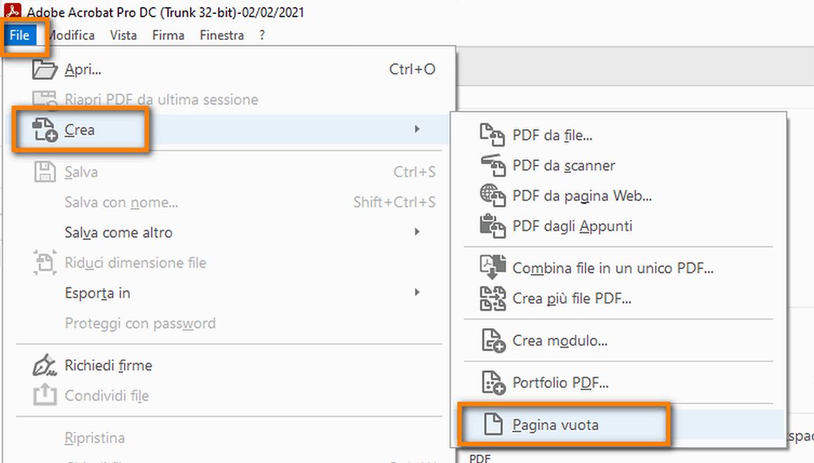 Creare un PDF con una pagina vuota dal menu File