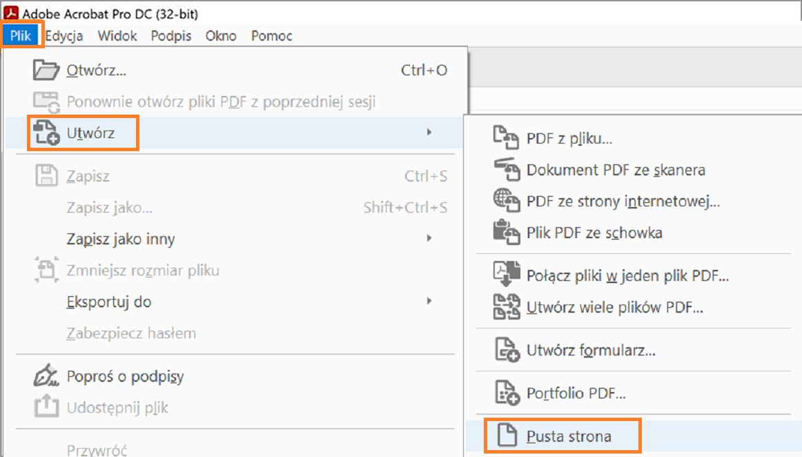 Tworzenie pustej strony w pliku PDF z menu Plik