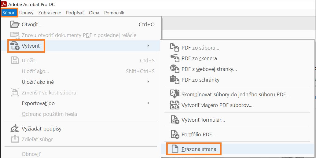 Vytvorenie prázdnej strany pomocou ponuky Súbor