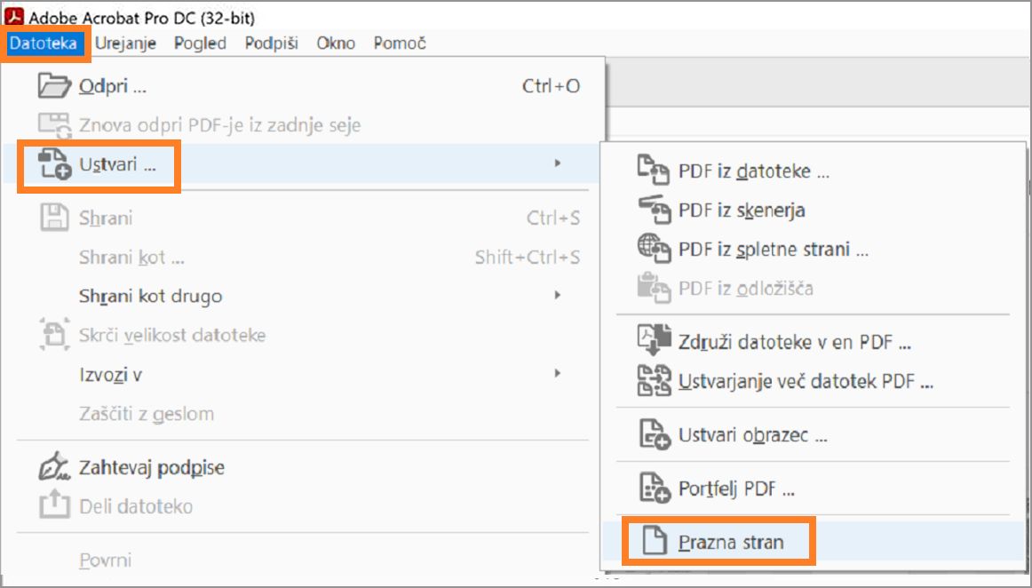 Ustvarite PDF s prazno stranjo v meniju Datoteka