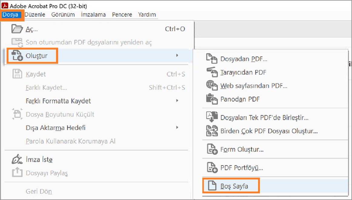 Dosya menüsünden boş bir PDF sayfası oluşturma