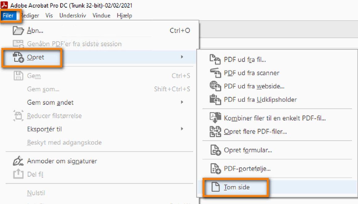 Opret en tom PDF-side fra filmenuen