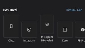 Cihaz, Instagram, Instagram Hikayeleri, Facebook Profilinin Karesi gibi farklı tuvalleri gösteren Boş Tuval menüsü...