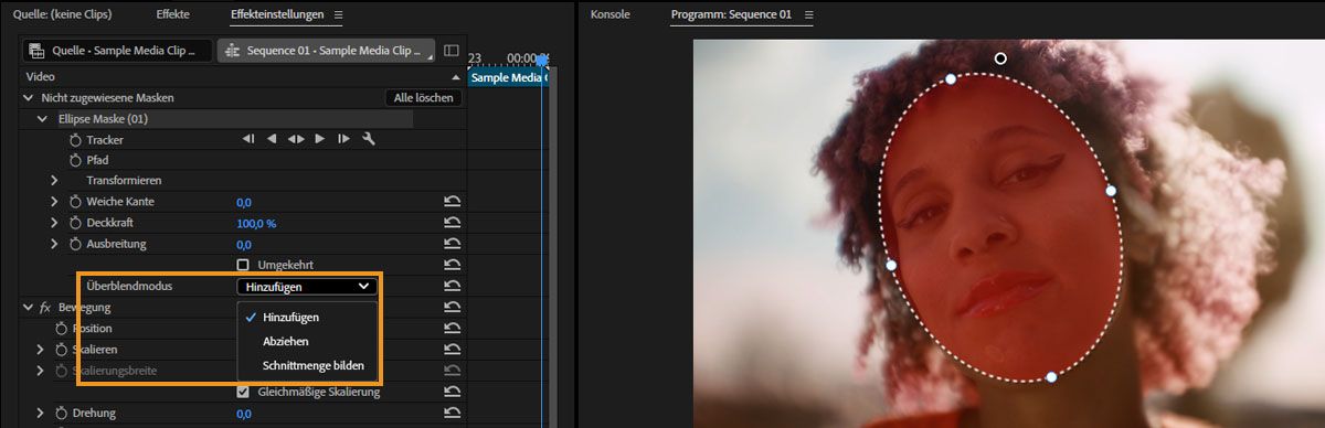 Ellipse-Maske um die Fläche einer Person im Programmmonitor ausgewählt, mit dem Überblendmodus-Menü, das Hinzufügen, Subtrahieren und Schnittmenge anzeigt.