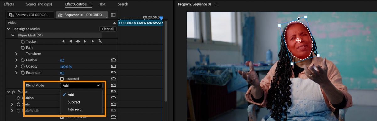 Ellipse mask selected around a person’s face in the Program Monitor, with the Blend Mode menu showing Add, Subtract, and Intersect.