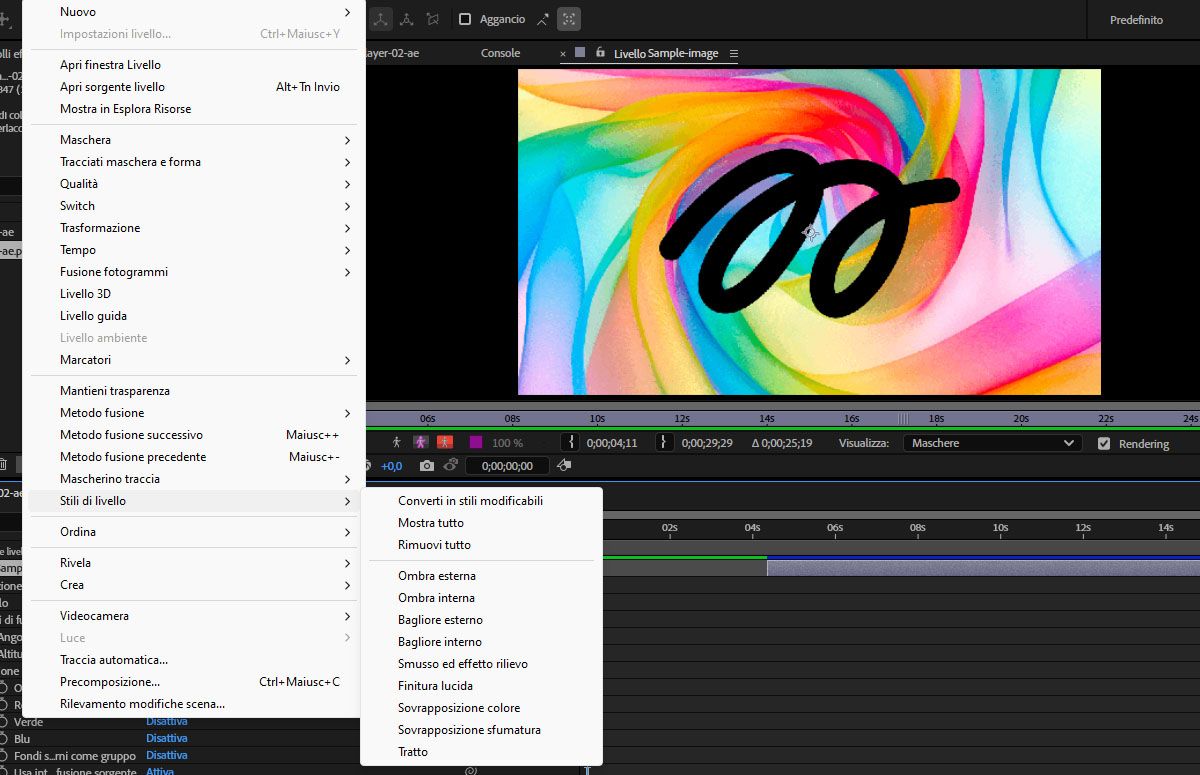 Il menu Stili livello è aperto e sono disponibili diversi stili tra cui scegliere.