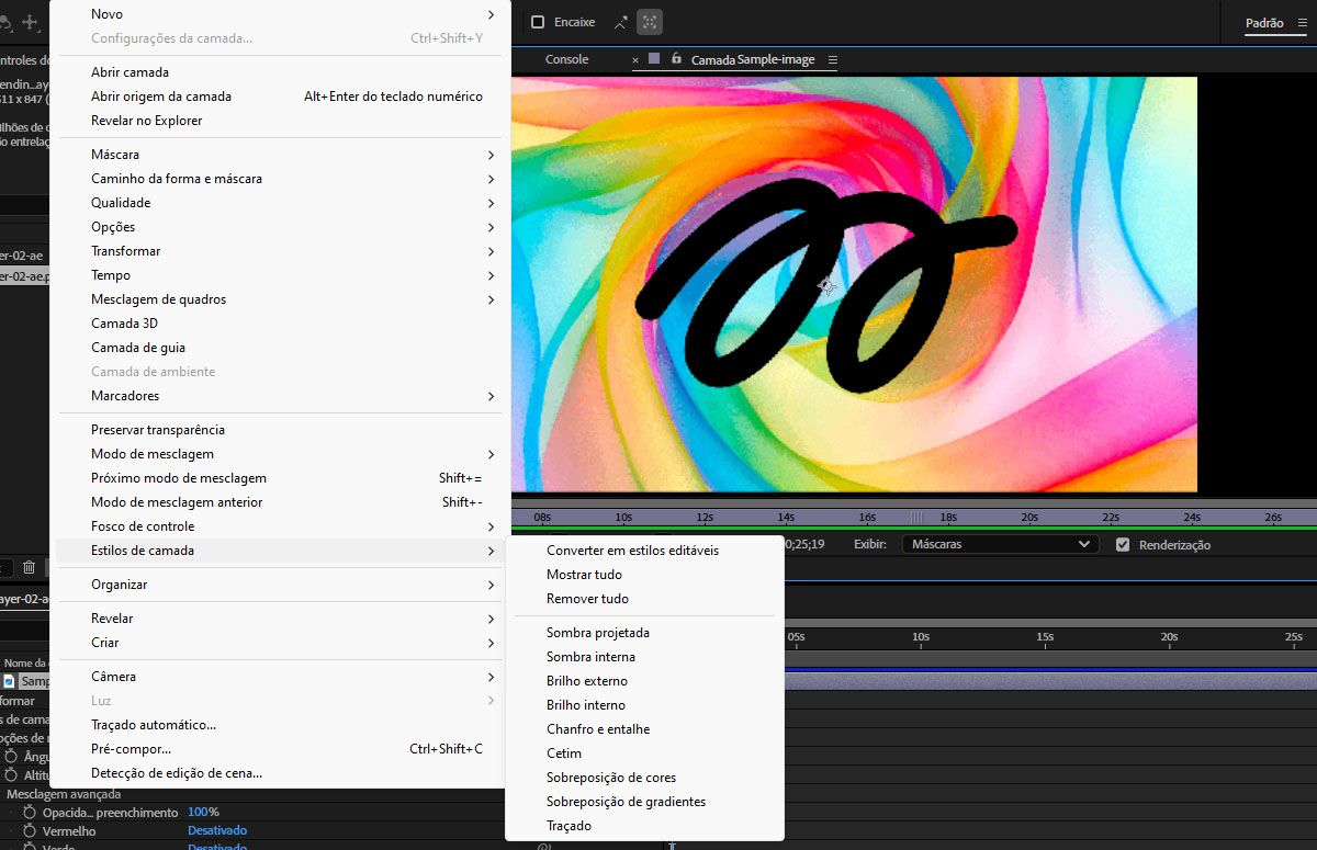 O menu “Estilos de camada” aberto com diferentes estilos para escolher.