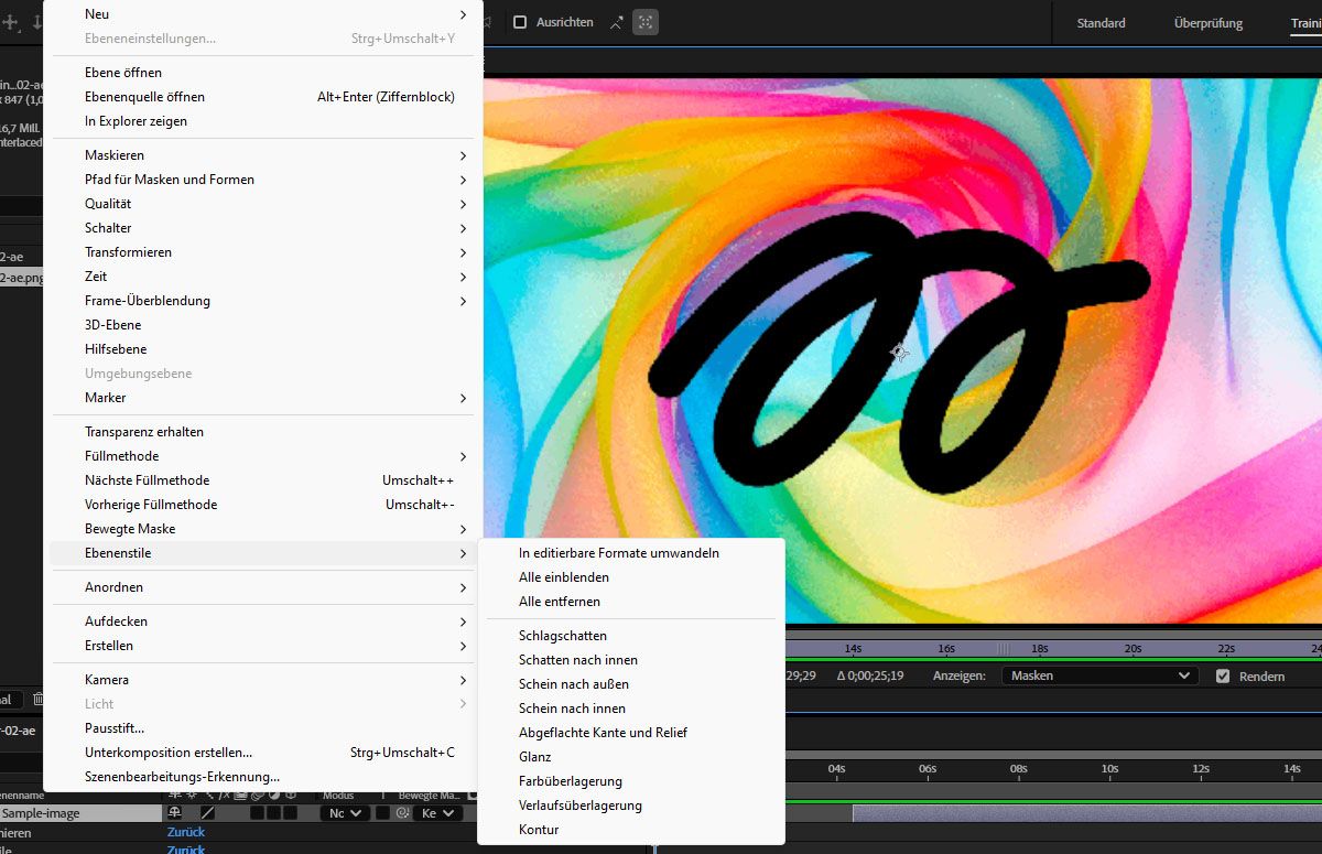 Das Menü „Ebenenstile“ ist geöffnet und es stehen verschiedene Stile zur Auswahl.