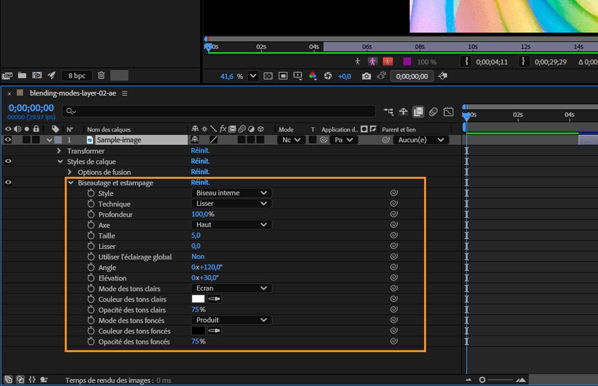 Les propriétés Biseau et estampage sont dépliées dans le panneau Montage et plusieurs propriétés sont répertoriées.