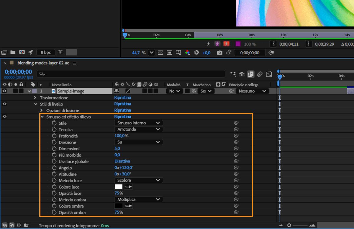 Le proprietà Smusso ed effetto rilievo sono aperte nel pannello Timeline e sono elencate  più proprietà.