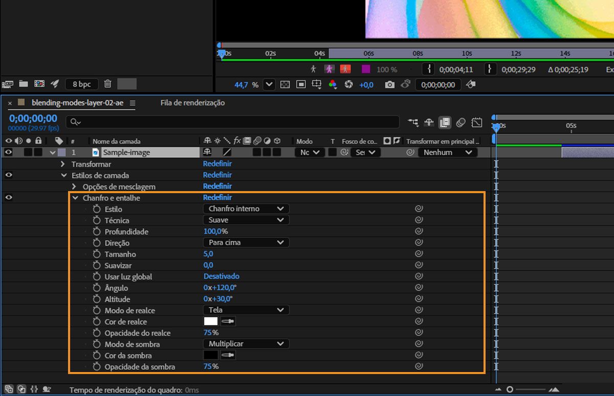 As propriedades de “Chanfro e entalhe” expandidas no painel “Linha do tempo” com várias propriedades listadas.