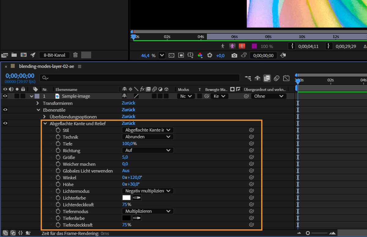 Im Bedienfeld „Zeitleiste“ sind die Eigenschaften von „Abgeflachte Kante und Relief“ aufgeklappt und es sind mehrere Eigenschaften aufgeführt.