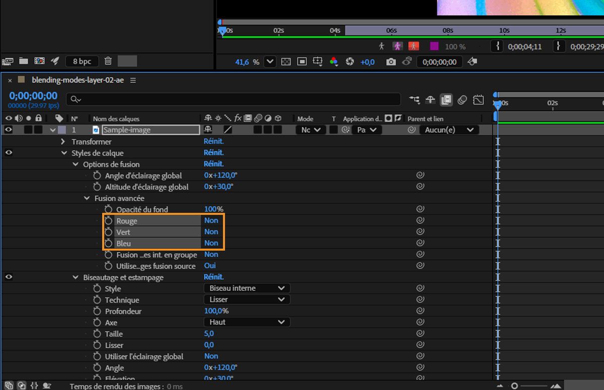 Sous Fusion avancée, les propriétés Rouge, Vert et Bleu sont désactivées.