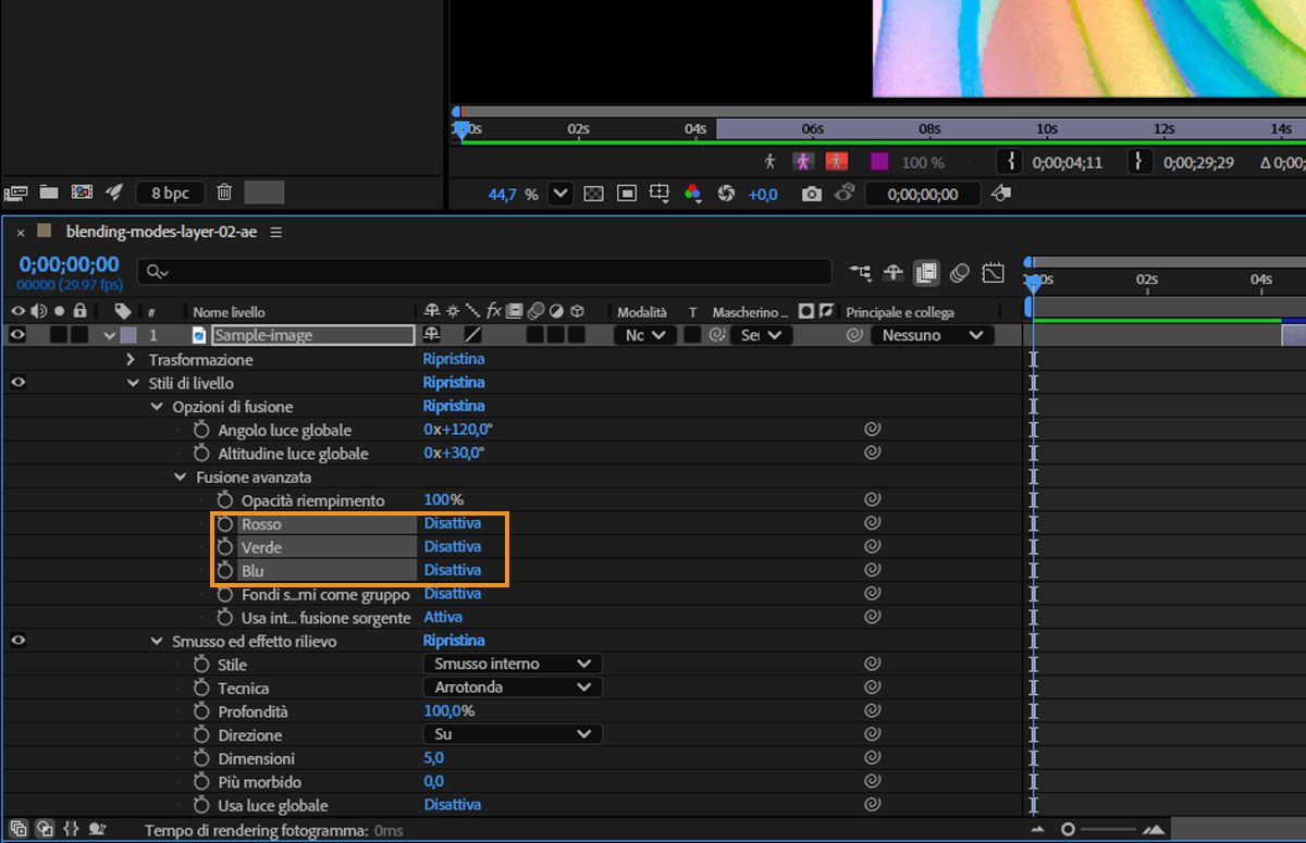 In Fusione avanzata, le proprietà Rosso, verde e blu sono disattivate.