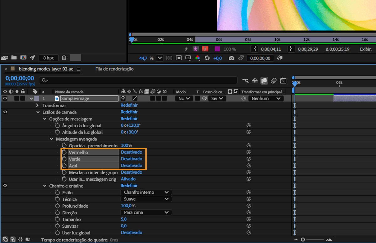 Na opção “Mesclagem avançada”, as propriedades de vermelho, verde e azul são desativadas.