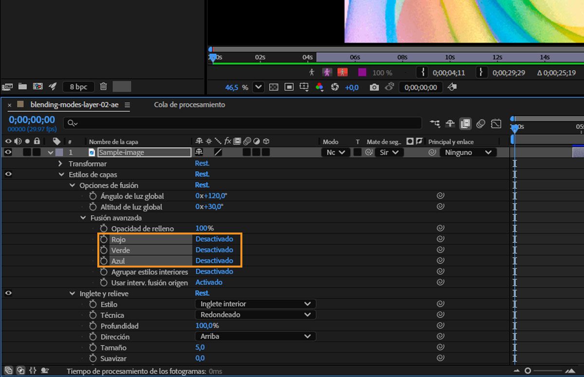 En la Fusión avanzada, las propiedades Rojo, Verde y azul se desactivan.