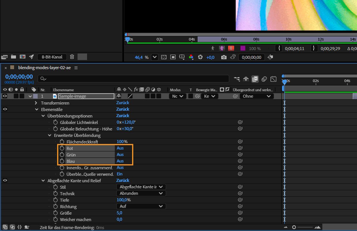 Unter „Erweiterte Überblendung“ sind die Eigenschaften „Rot“, „Grün“ und „Blau“ deaktiviert.