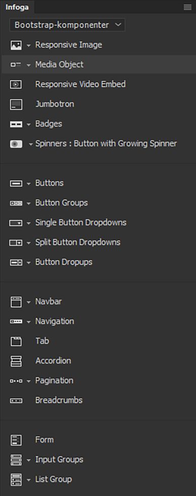 Komponenter som stöds i Bootstrap 4.0.0