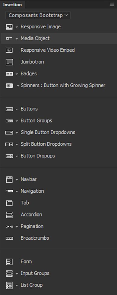 Composants pris en charge dans Bootstrap 4.0.0
