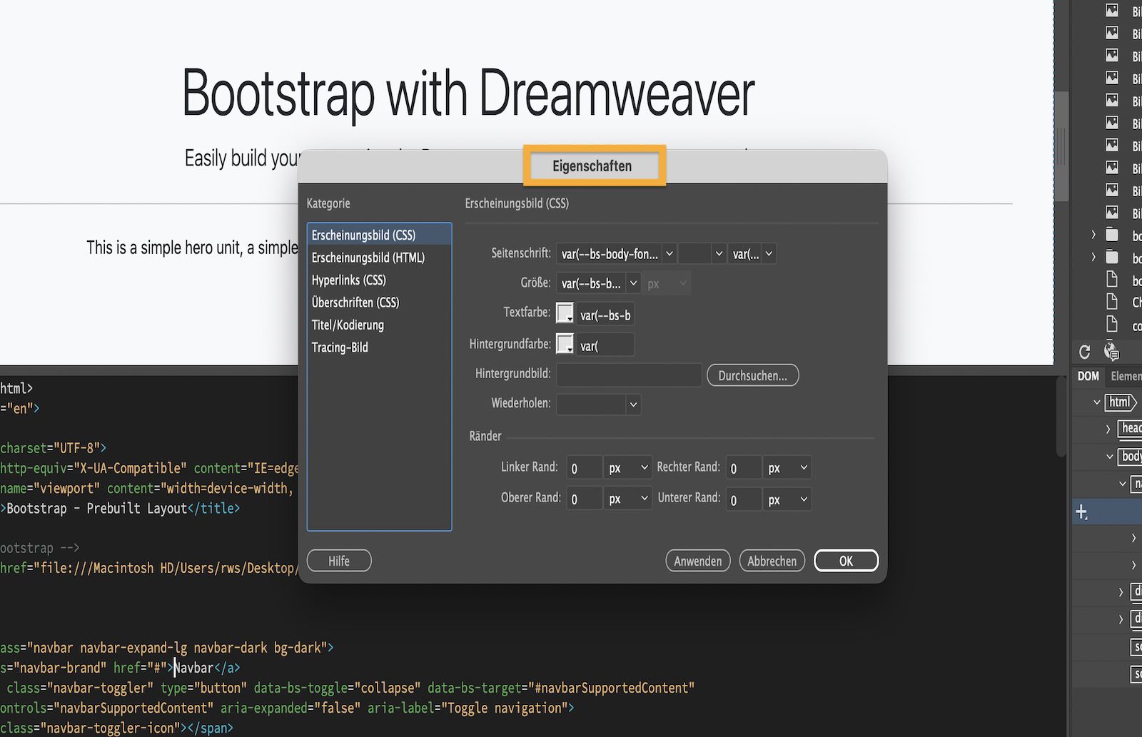 Dialog „Seiten-Eigenschaften“, der Seiten-Eigenschafts-Einstellungen für Font, Größe, Farbe und Ränder anzeigt.