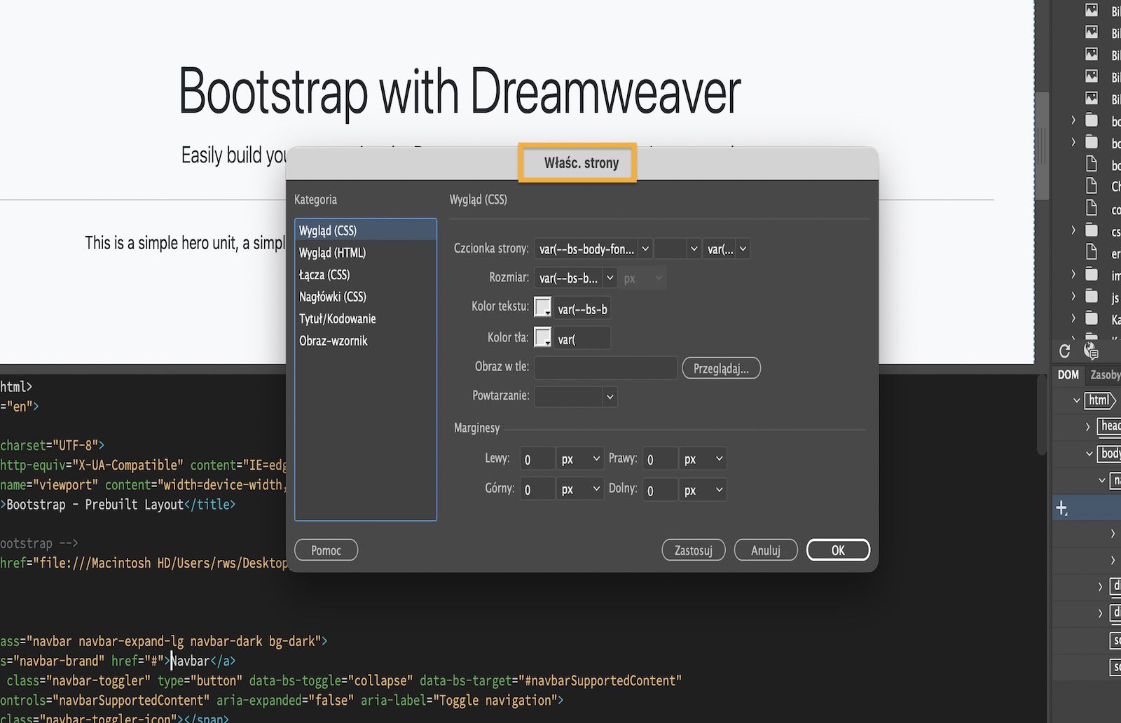 Okno dialogowe właściwości strony pokazujące ustawienia właściwości strony dla czcionki, rozmiaru, koloru i marginesów.