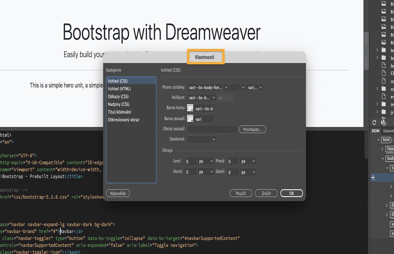 Dialogové okno Vlastnosti stránky zobrazující nastavení vlastností stránky pro písmo, velikost, barvu a okraje.