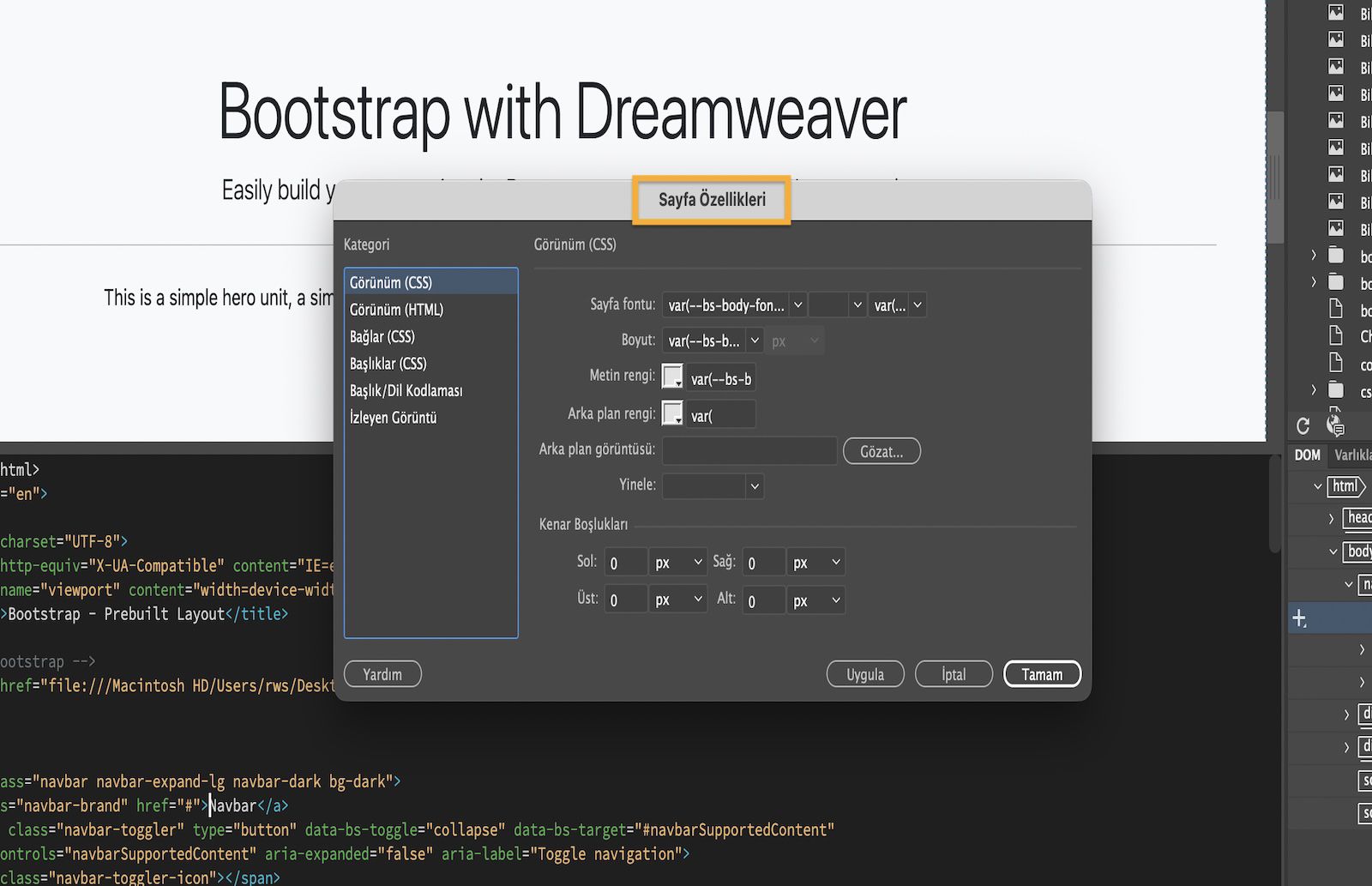 Font, boyut, renk ve kenar boşlukları için sayfa özelliği ayarlarını gösteren Sayfa Özellikleri iletişim kutusu.