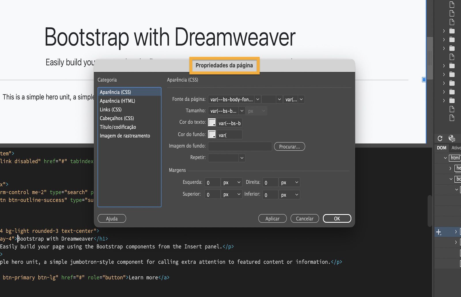 Caixa de diálogo de propriedades de página mostrando Configurações de propriedade de página para fonte, tamanho, cor e margens.