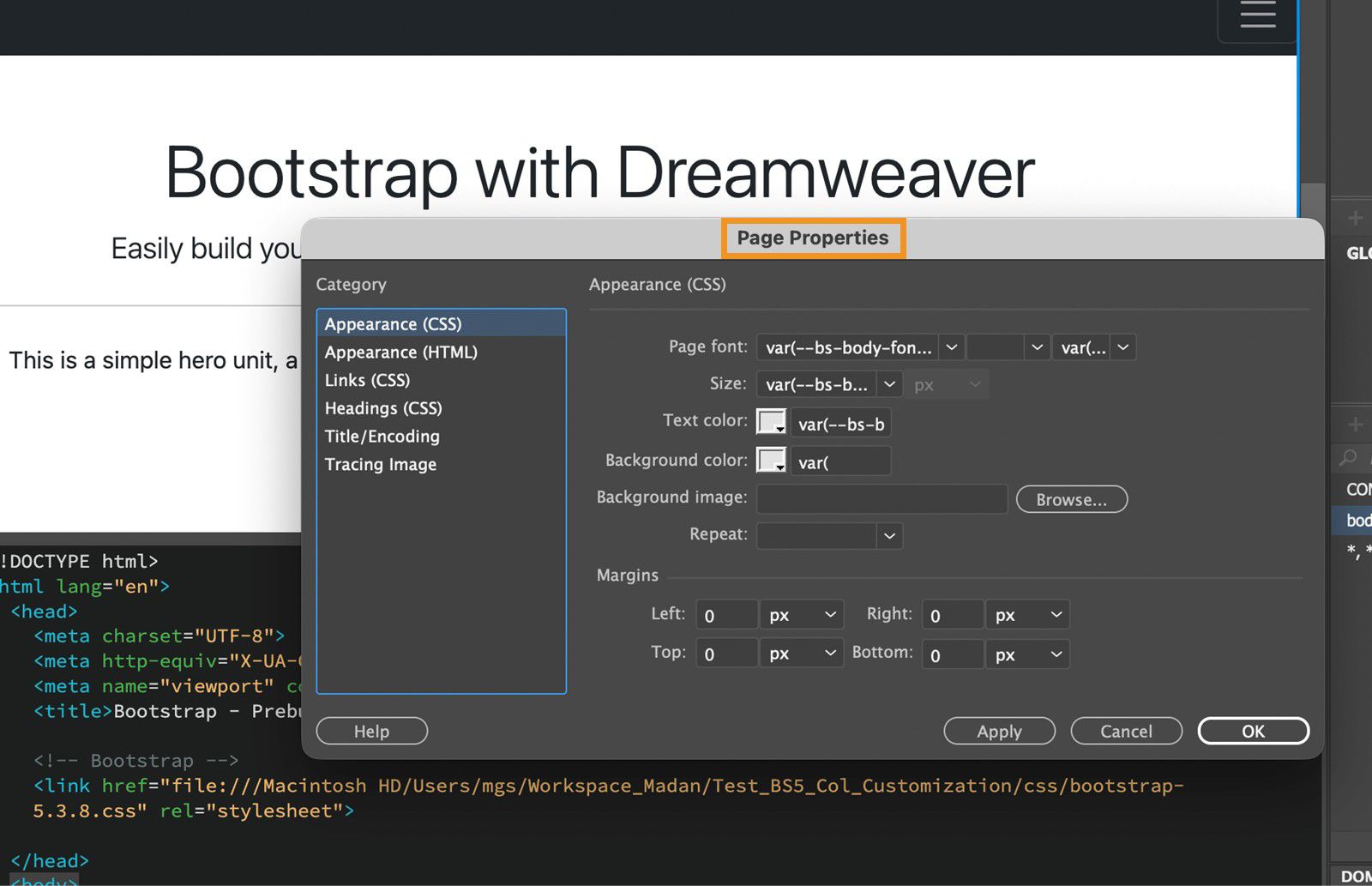 مربع حوار خصائص الصفحة يُظهر إعدادات خصائص الصفحة للخط والحجم واللون والهوامش.