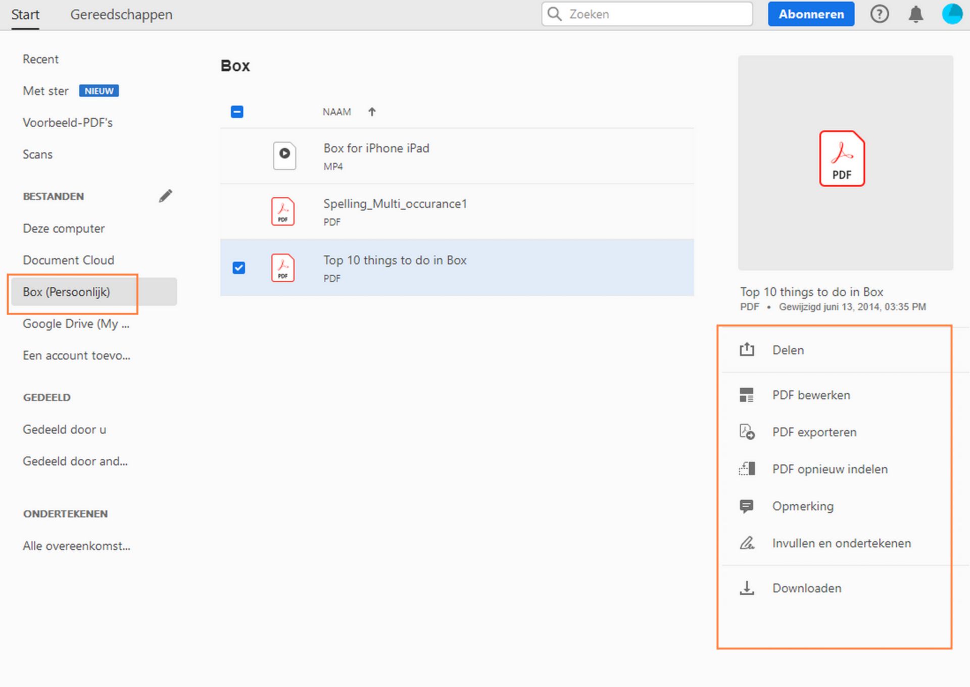 Uw Box-bestanden in de weergave Start