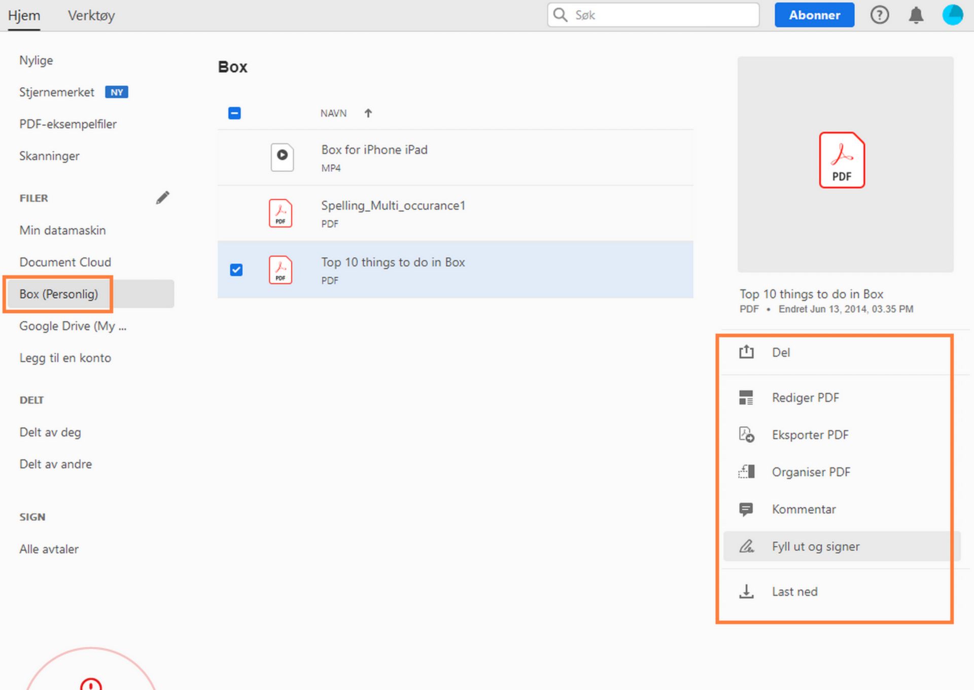 Box-filene dine i visningen Hjem