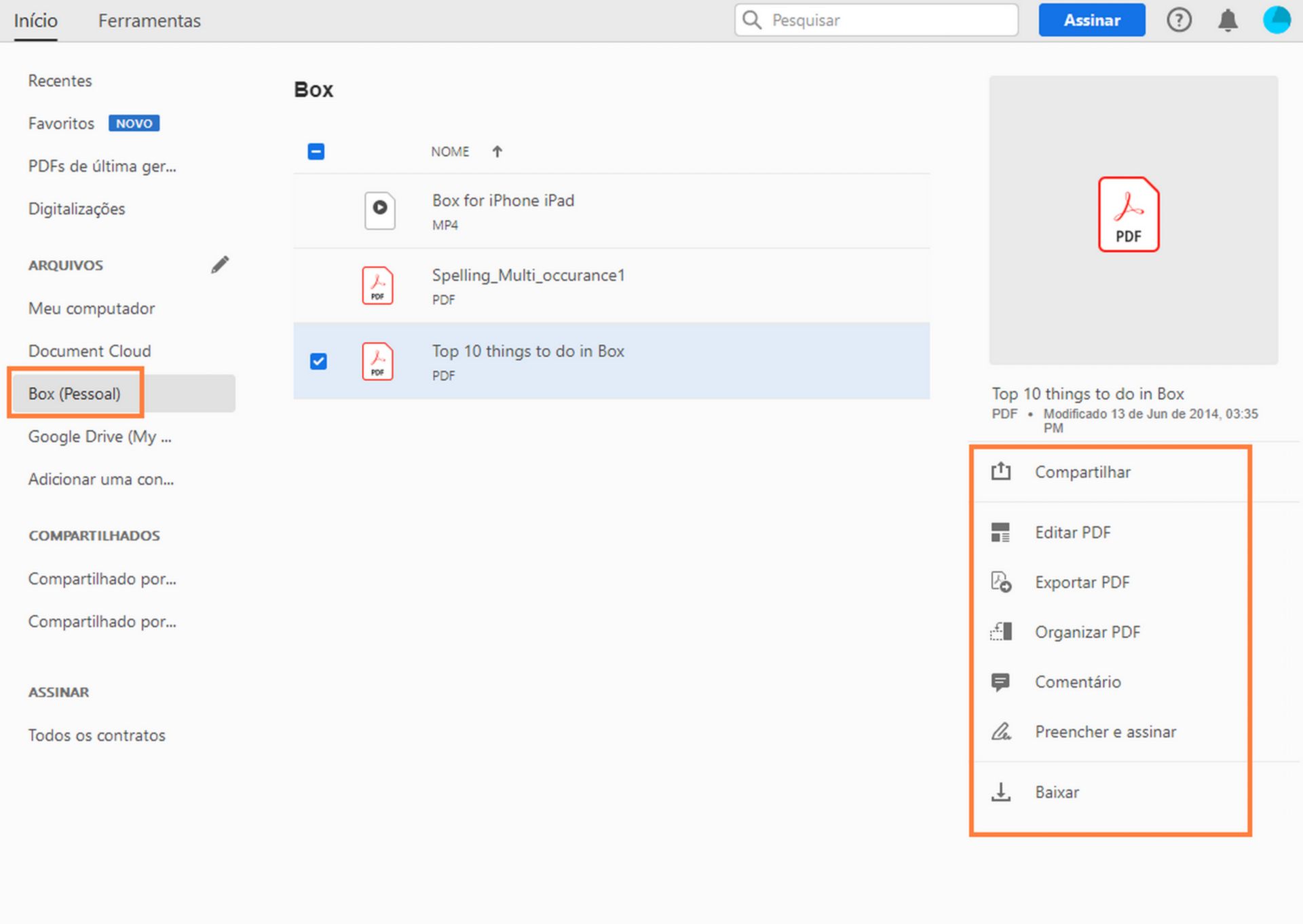 Seus arquivos do Box na exibição Início