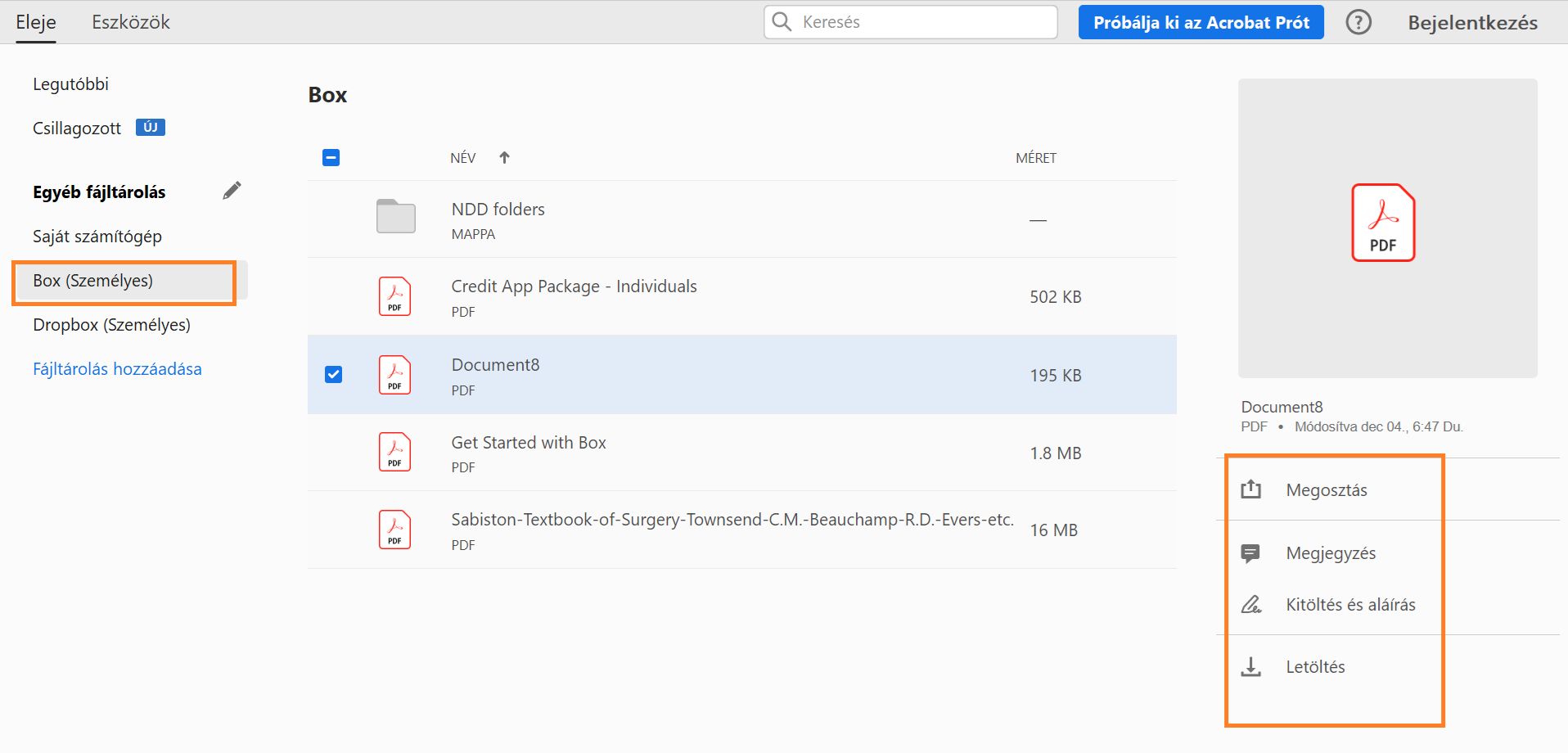 A Dropbox fájlok a Kezdőlap nézetben