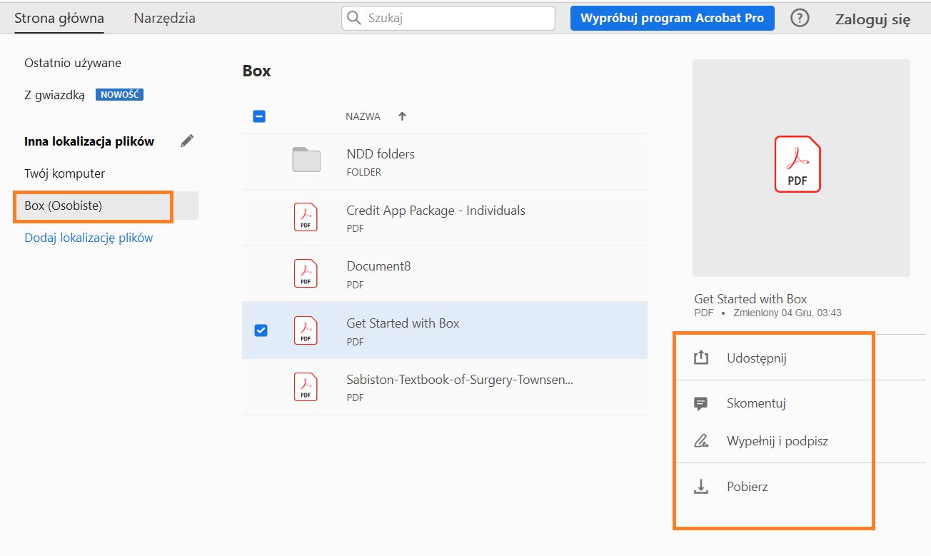 Pliki Box w widoku strony głównej