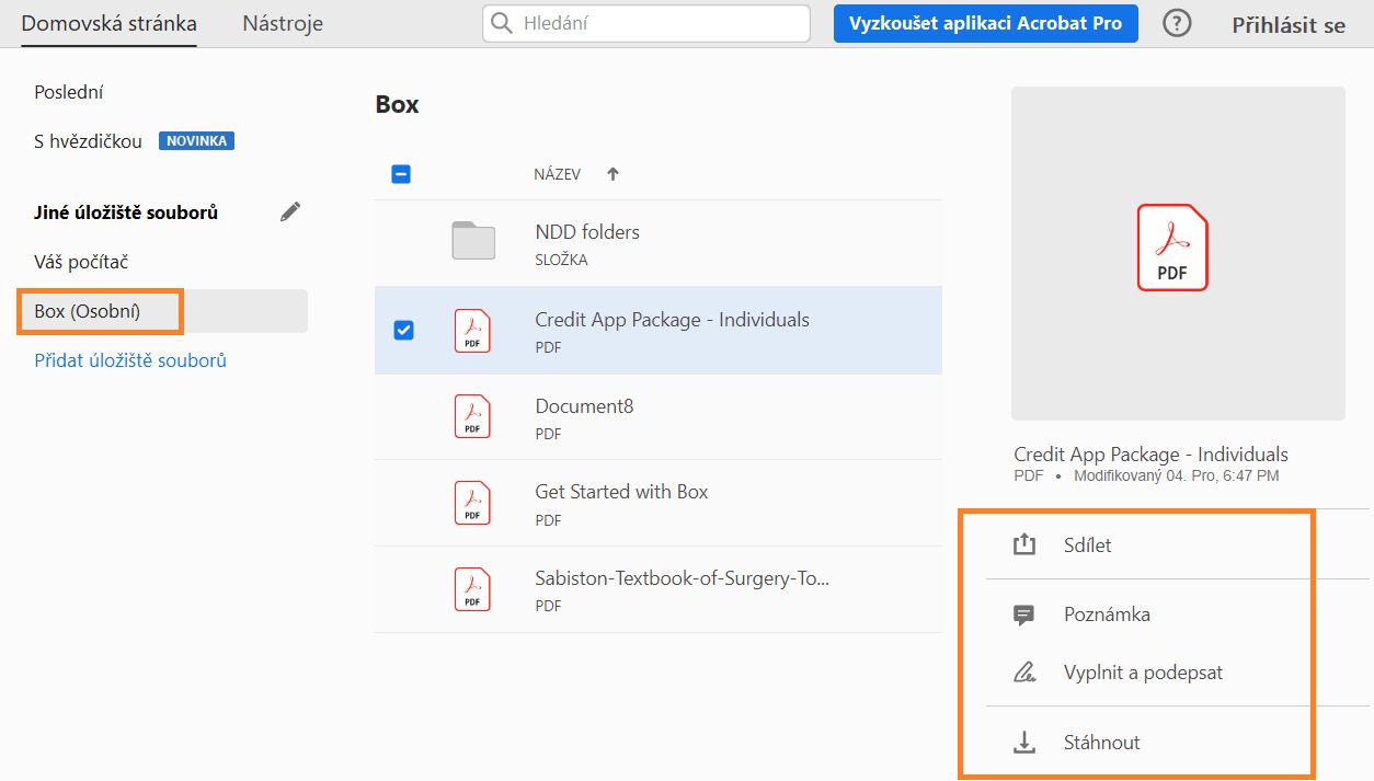 Soubory Box v zobrazení Domovská stránka