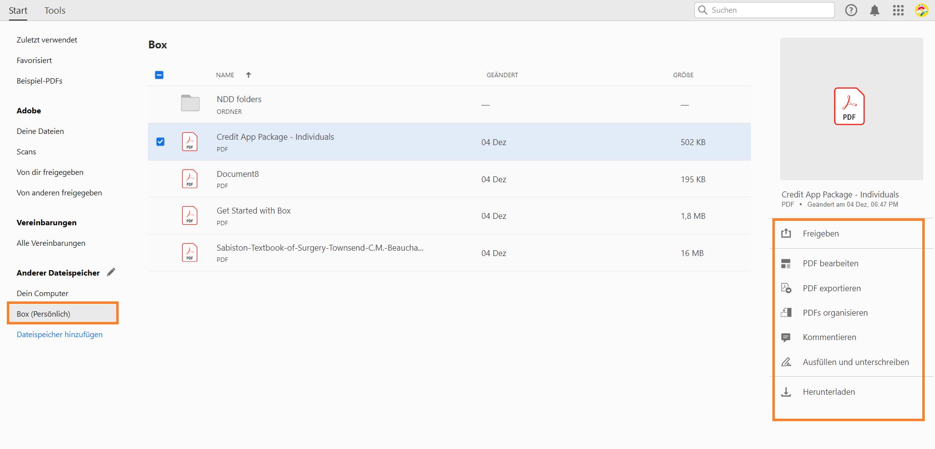 Deine Box-Dateien in der Startansicht