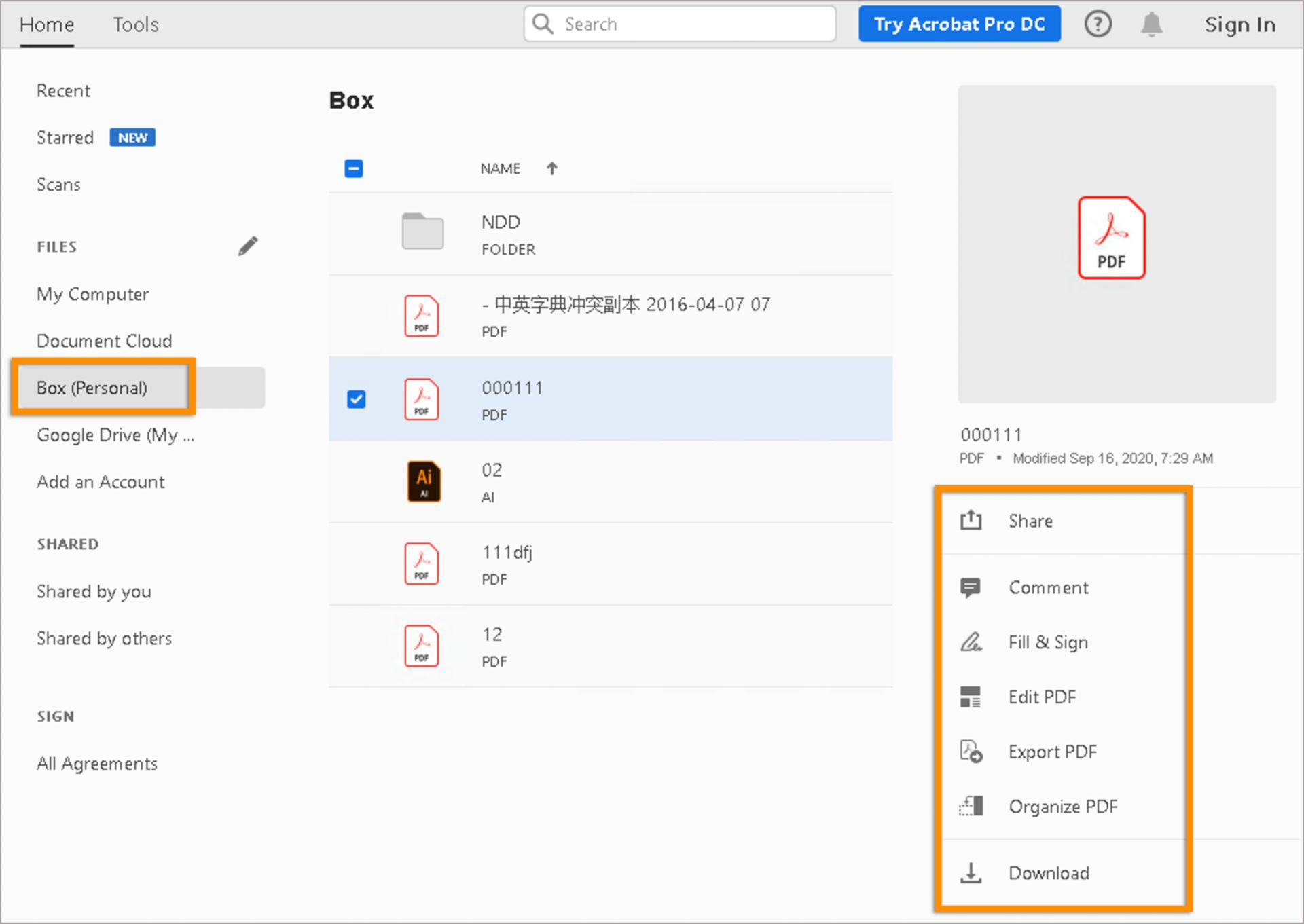 ملفات Box الخاصة بك في طريقة العرض Home