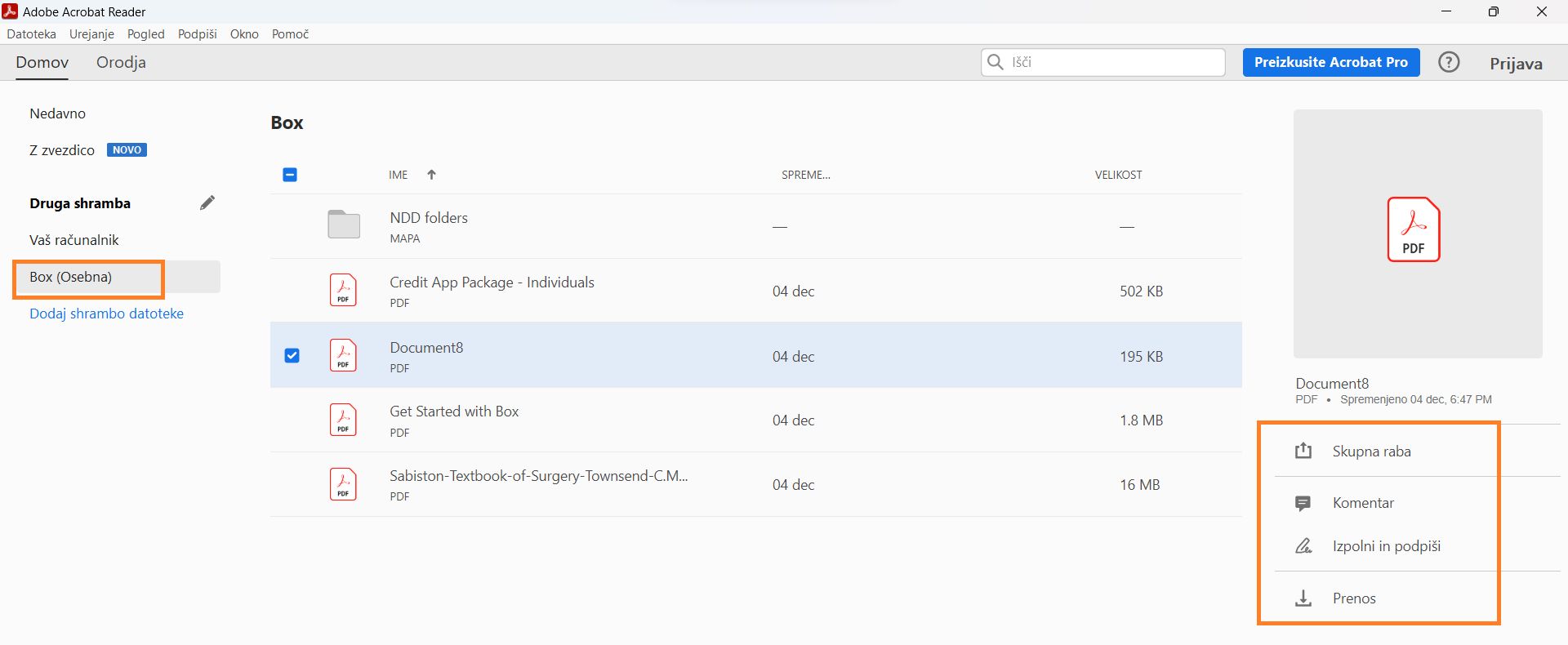 Datoteke storitve Box v pogledu Domov