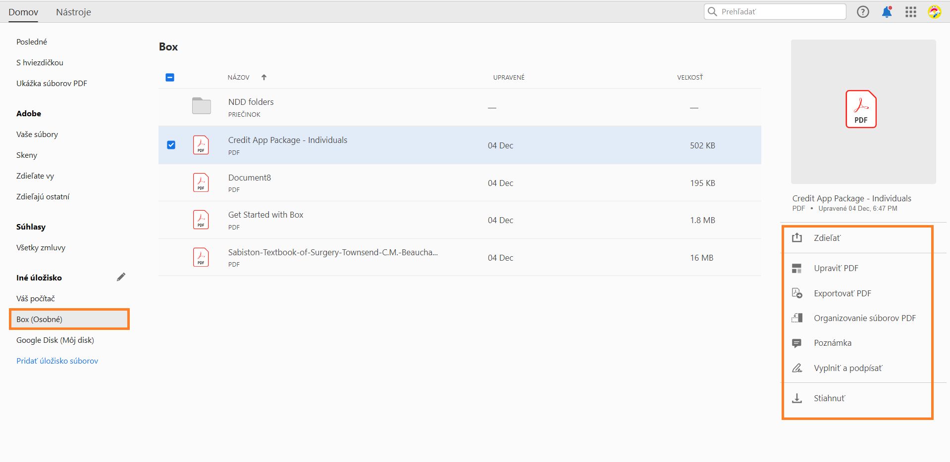 Súbory Box v zobrazení Domov