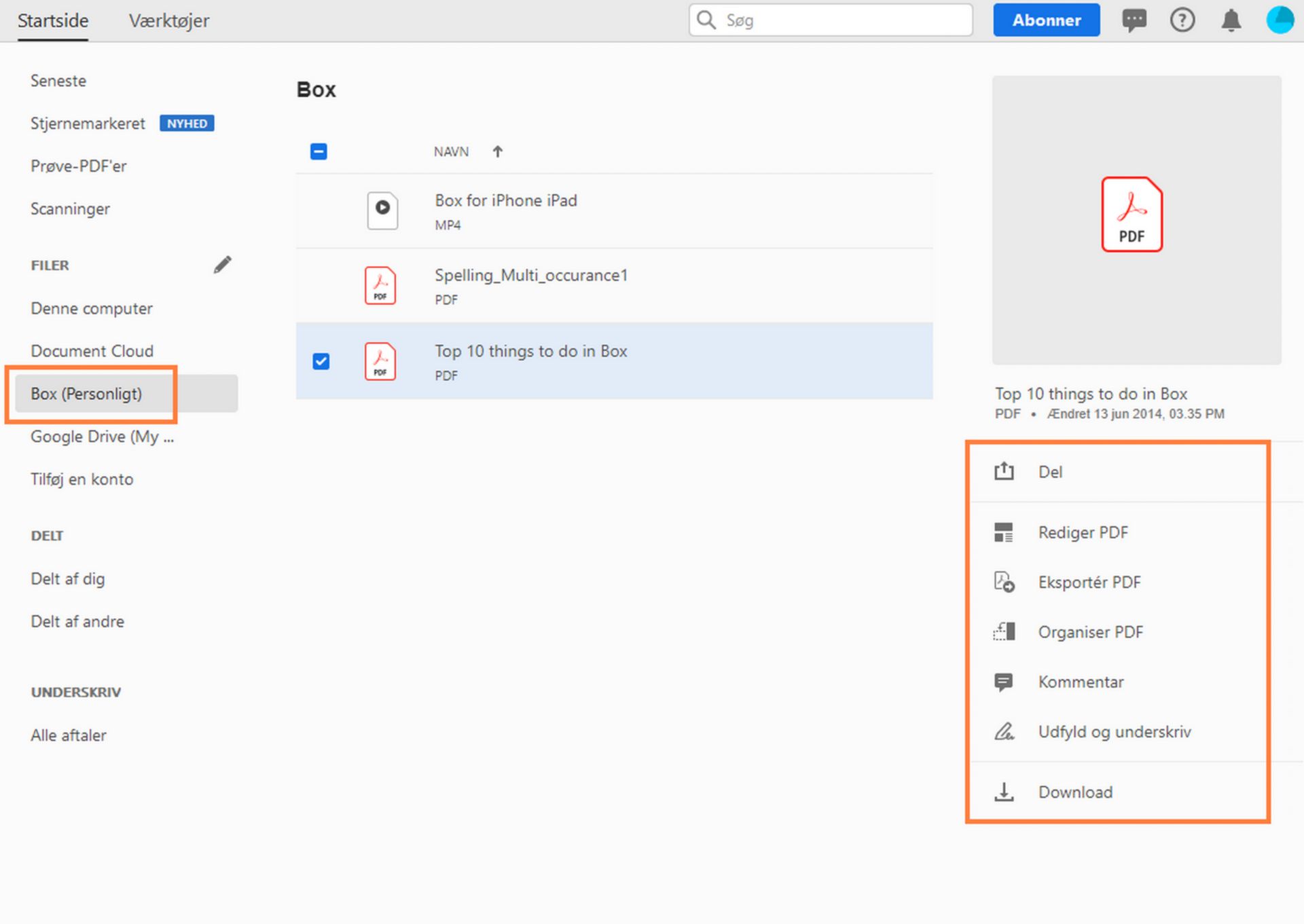 Dine Box-filer i Hjem-visningen