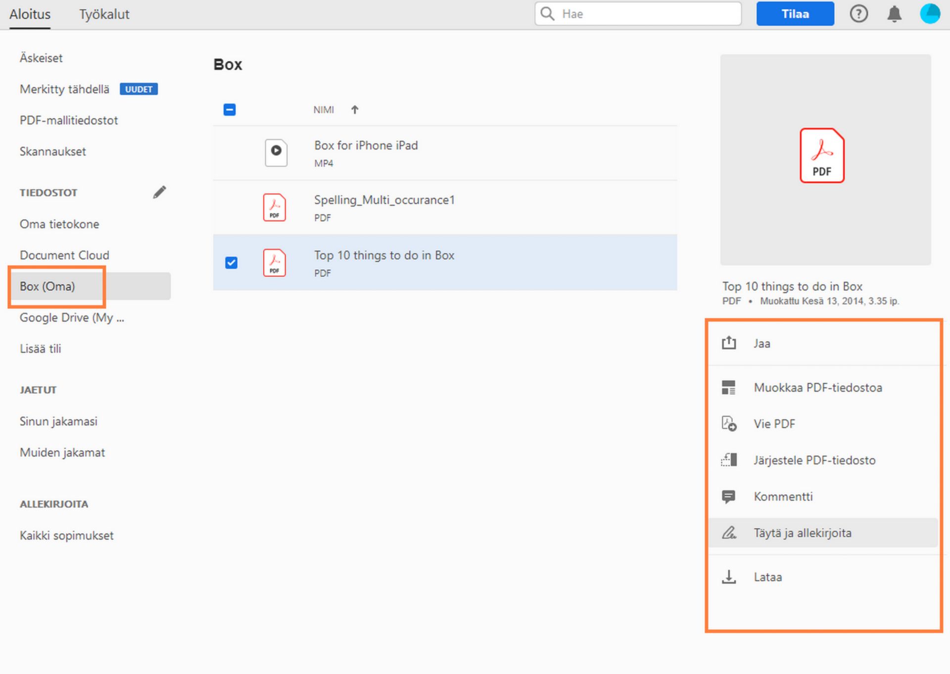 Box-tiedostot aloitusnäkymässä