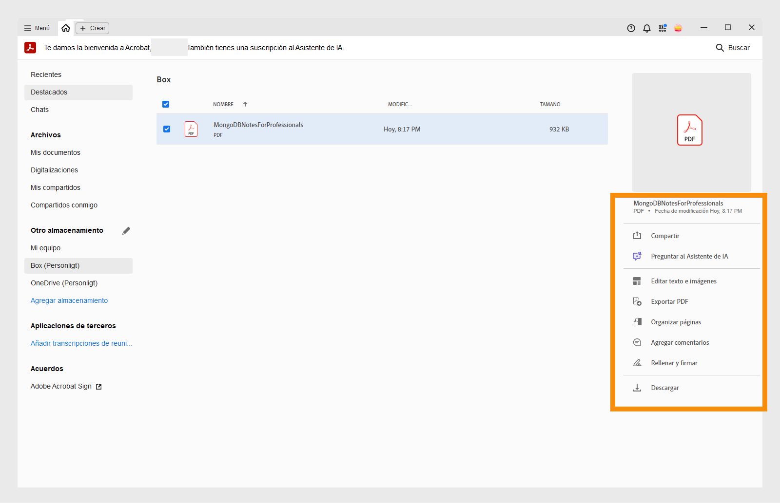 Sus archivos de Box en la vista Inicio