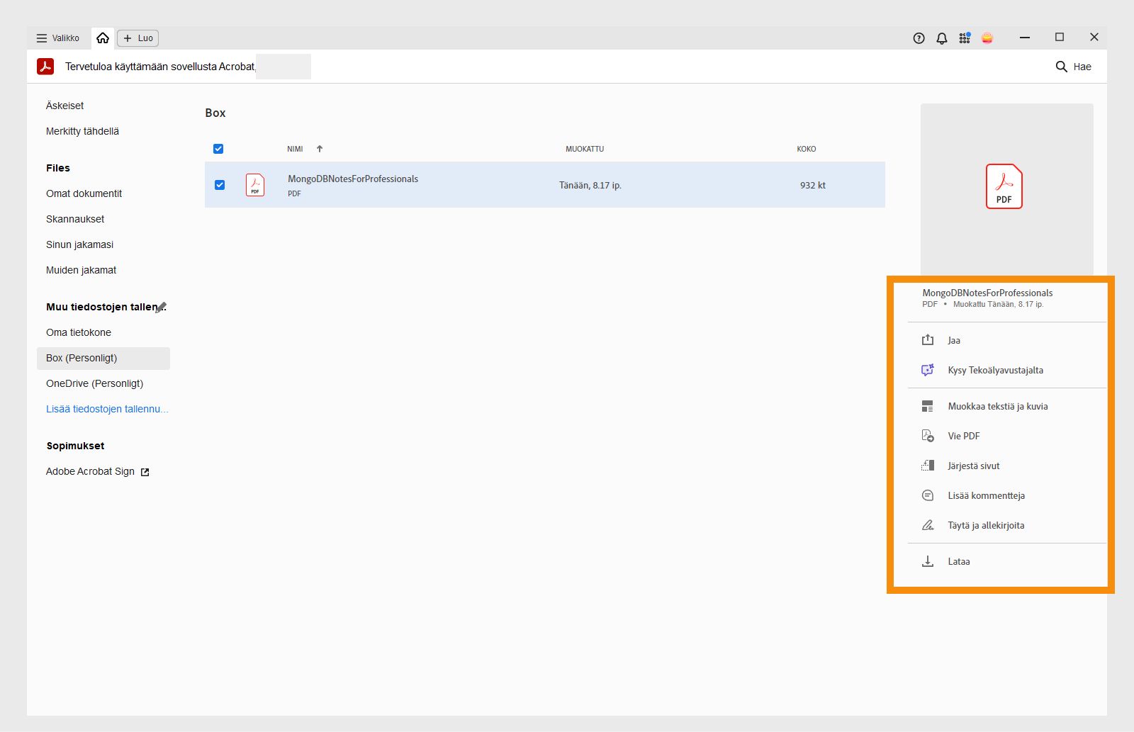 Box-tiedostot aloitusnäkymässä