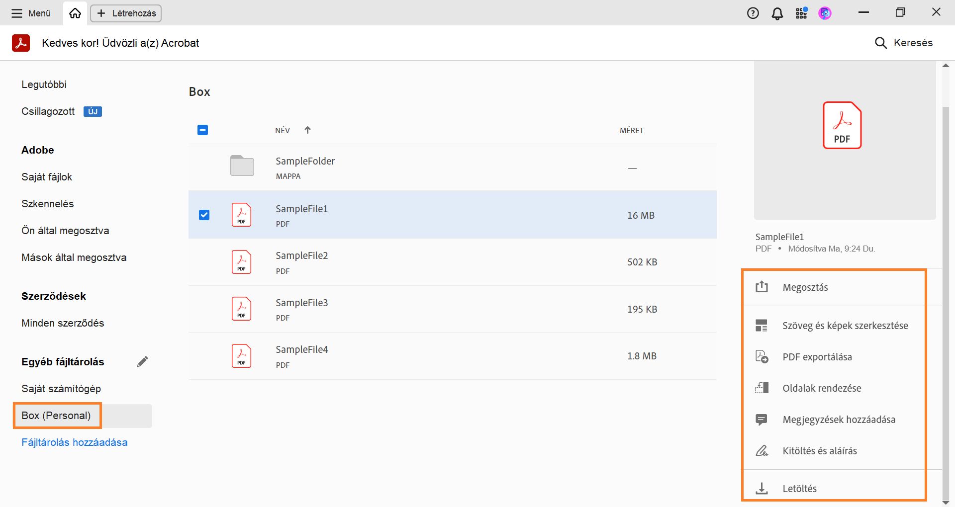 A Box-fájlok a Kezdőlap nézetben