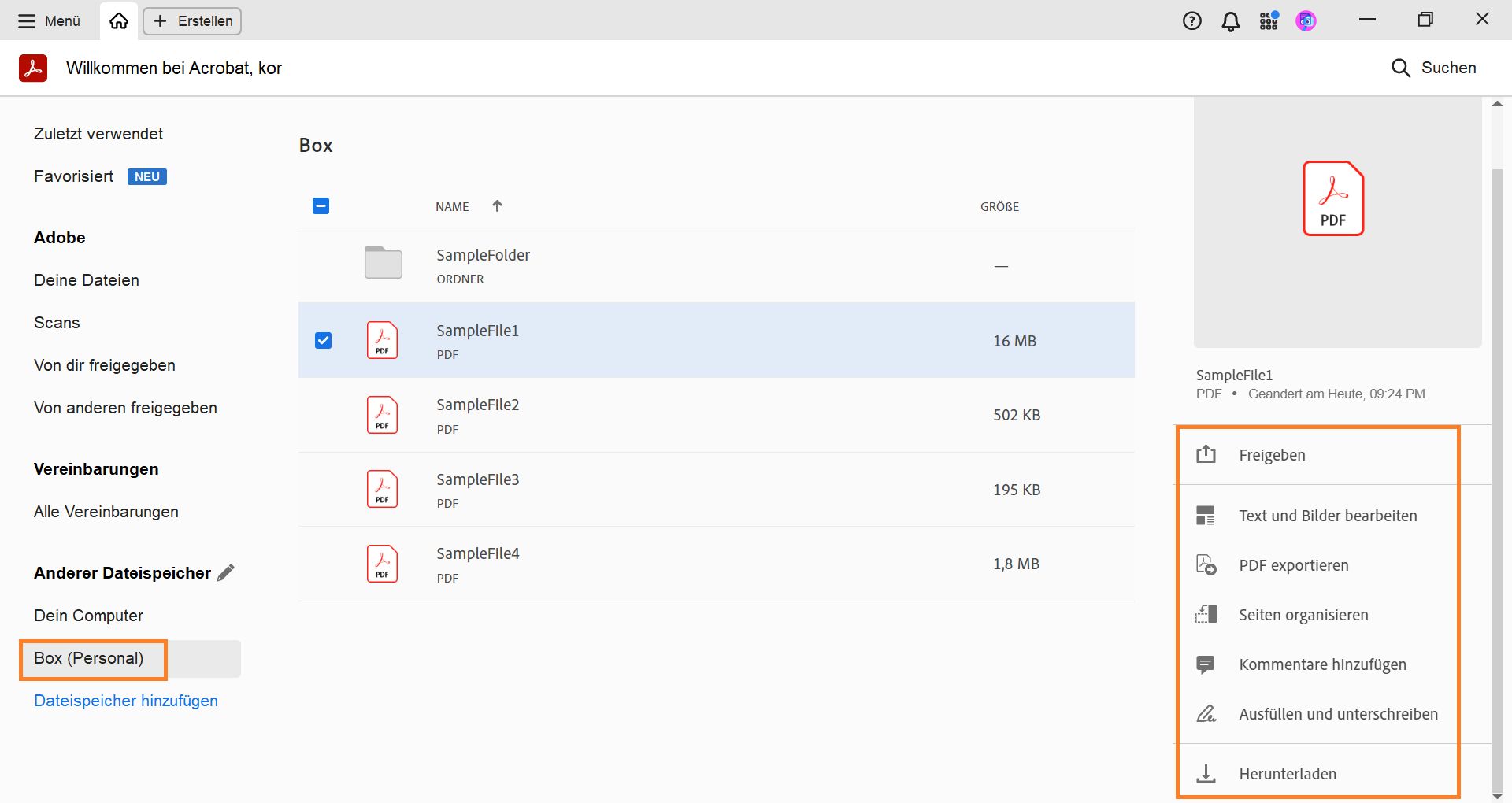 Deine Box-Dateien in der Startansicht