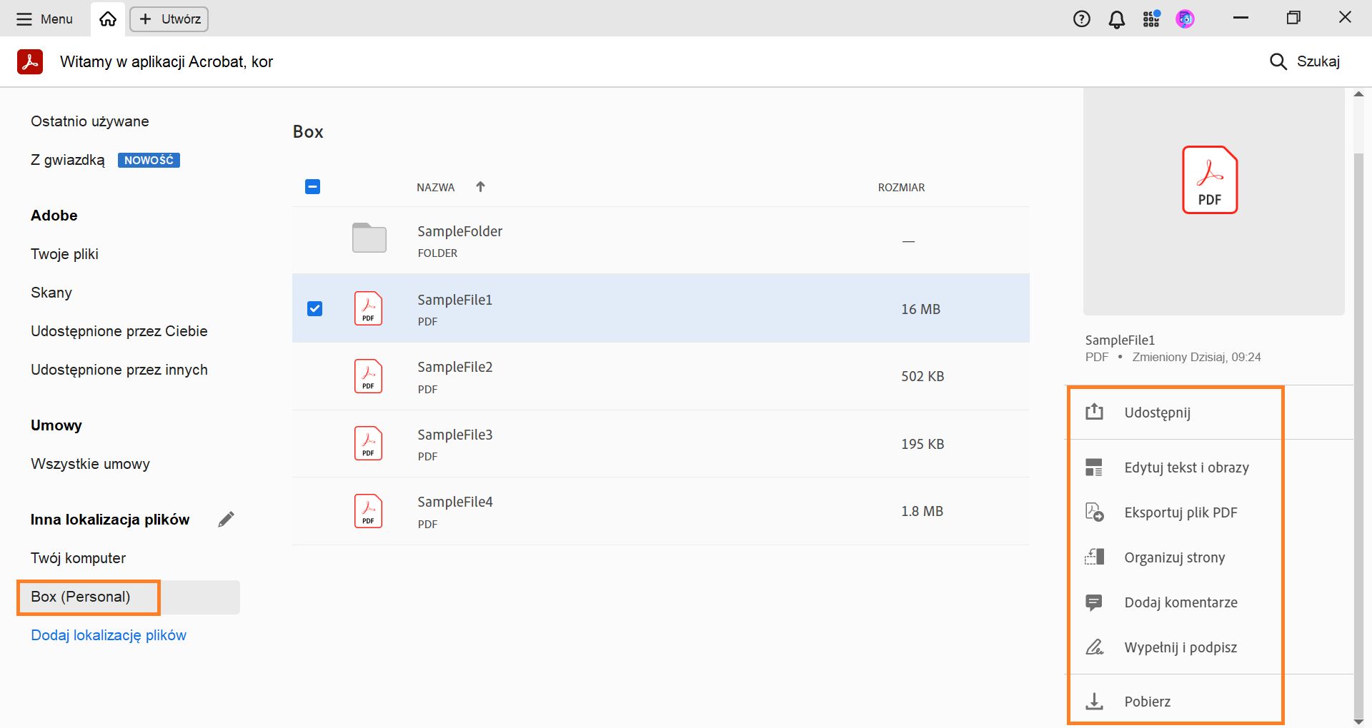 Pliki Box w widoku strony głównej