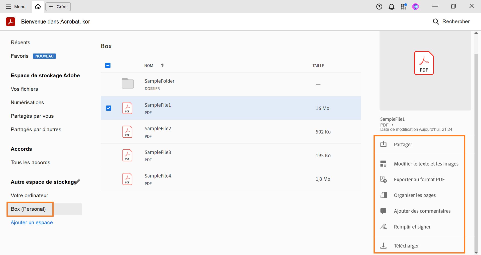 Vos fichiers Box dans la vue Accueil